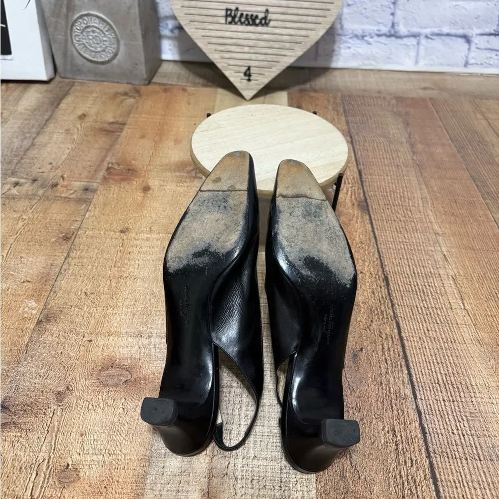 Salvatore Ferragamo black leather slingback kitten heels